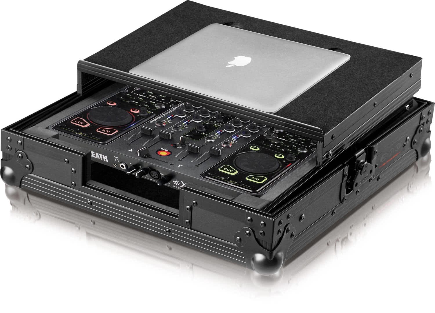 Zomo Xone DX flightcase nyitva, a kontroller helyével és a kihúzható laptoptartóval
