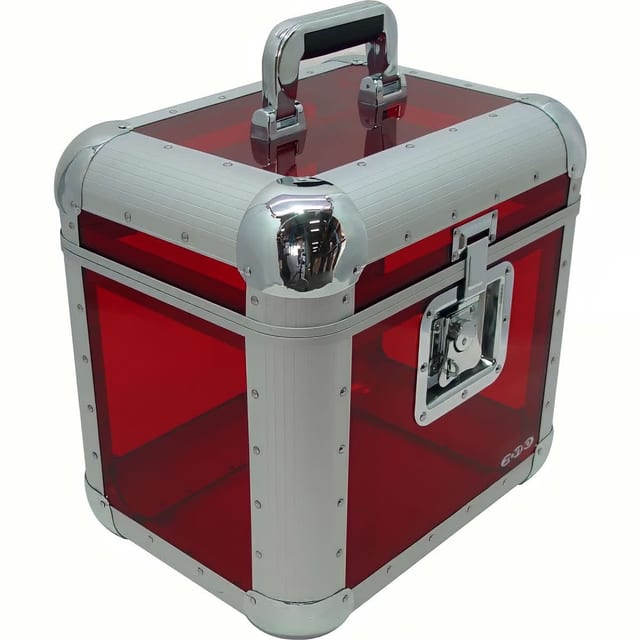 Zomo Recordcase RP-80 Trans Red lemeztok, átlátszó piros alumíniumház, fogantyúval és pillangózárral